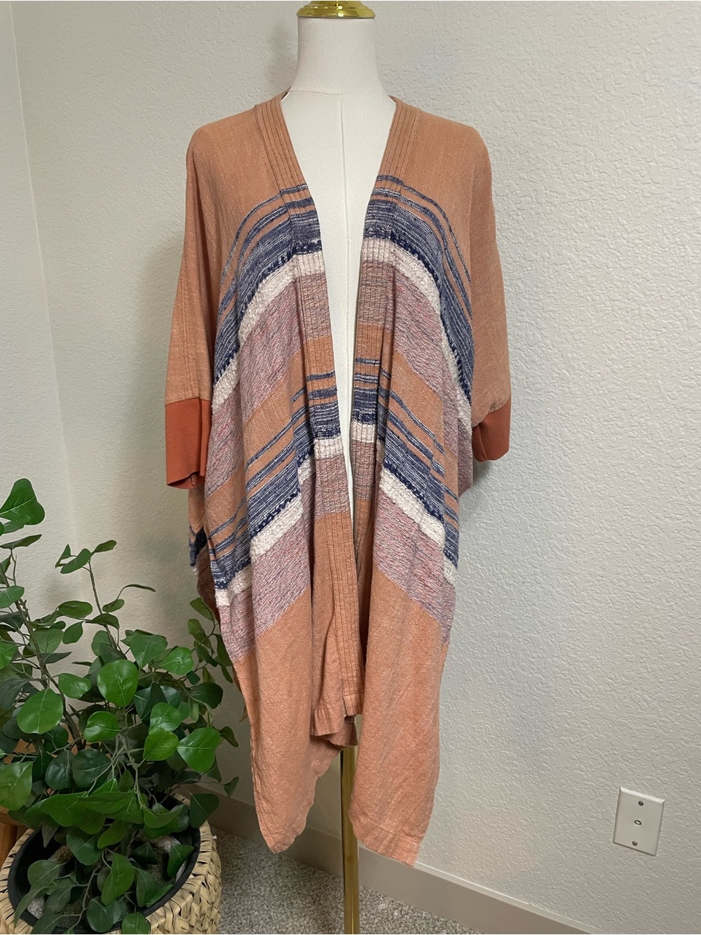 Anthropologie Elevenses Shoreline Kimono M/L Peach Blue Striped Boho Cardigan